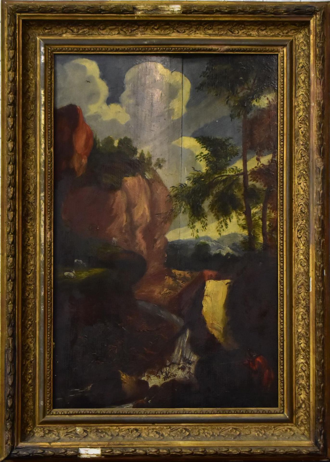 UNBEKANNT. Landschaft mit Jäger. Öl/Holz.