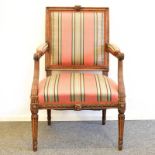 Armlehnstuhl. 19. Jh., Louis XVI Stil | Nussbaum, gebeitzt. Stoffbezug.