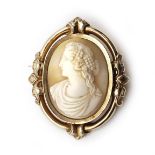 Brosche/Anhänger. Rahmung 14 K GG (getestet), Nadel unedel, rückseitig verglast.