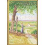 HEY, PAUL. Sommerlandschaft / Marterl am Weg. Farbige Kreidezeichnung bzw. Gouache.