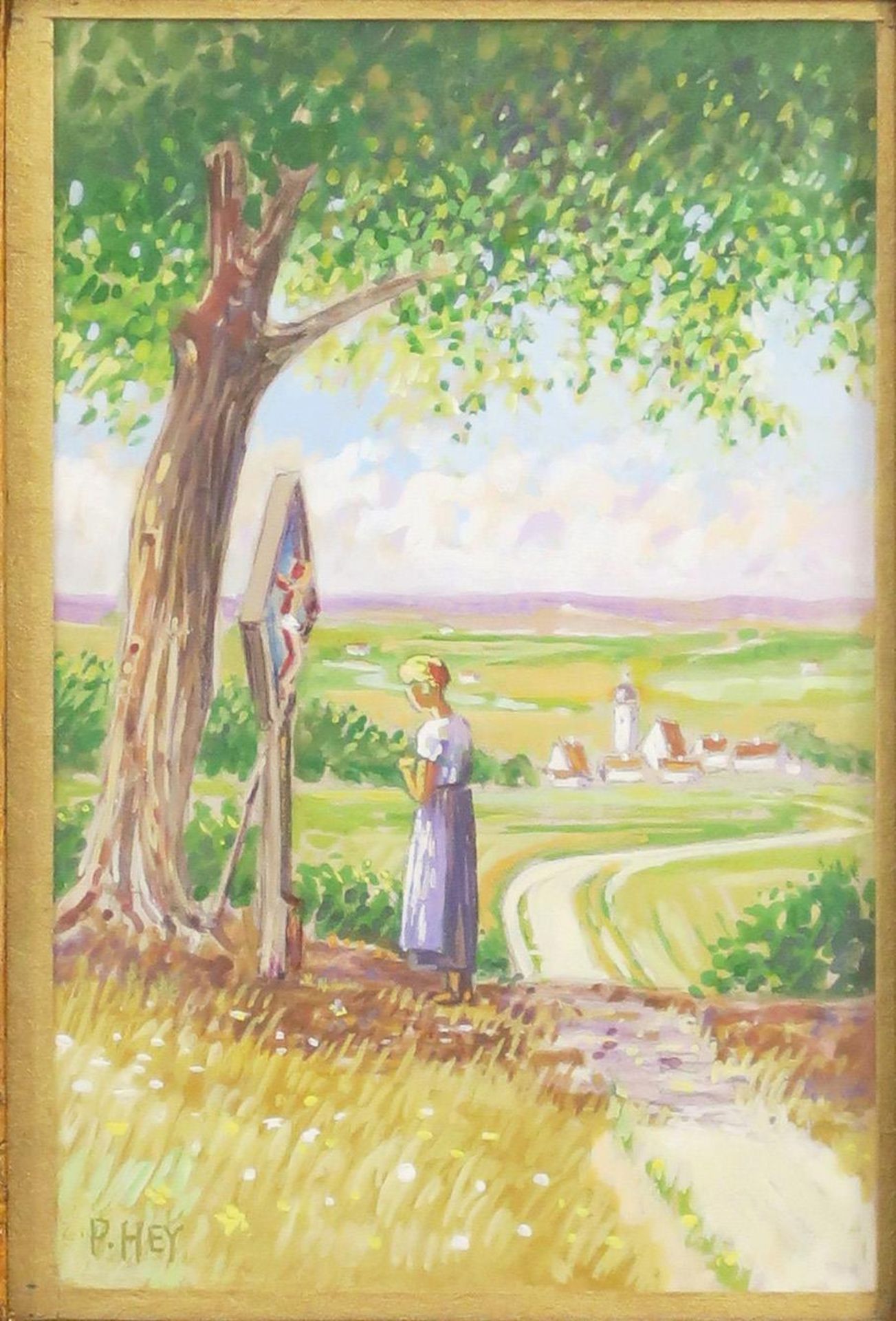 HEY, PAUL. Sommerlandschaft / Marterl am Weg. Farbige Kreidezeichnung bzw. Gouache.