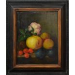 UNBEKANNT. Früchtestillleben mit Rose. Öl/Holz.