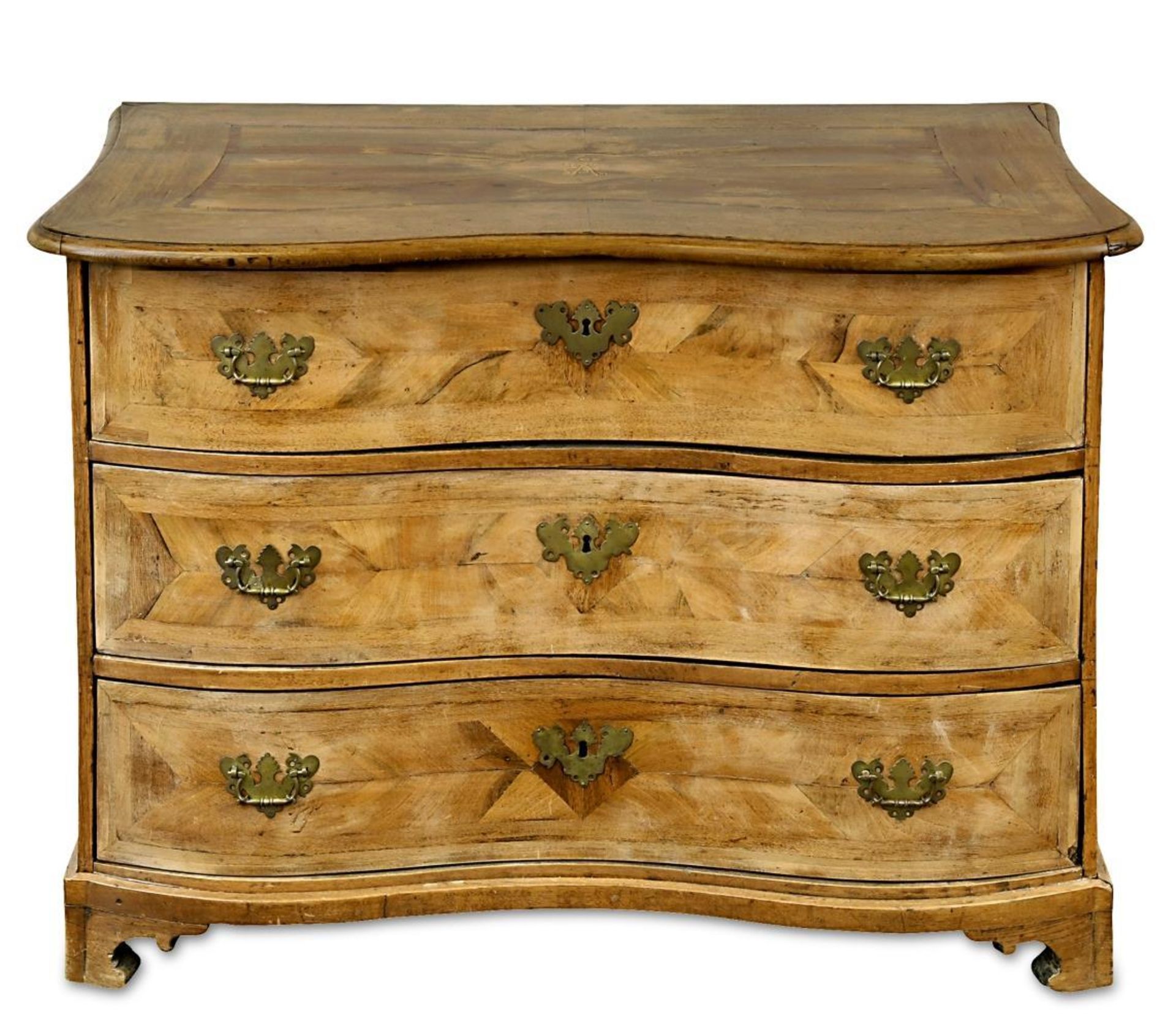 Kommode. Barockstil | Kommode, Nuss- und andere Hölzer furniert, Messingbeschläge.
