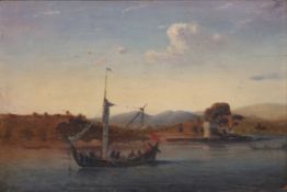 UNLESERLICH SIGNIERT (XX). Segelschiff und Boot nahe einer Küste.