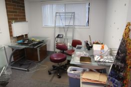 Set of three glass and metal office pieces including two glass top desks, 44" x 30" x 29", and a gla