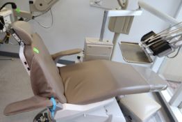Dental chair by Belmont, model Excalibur, with Aidee air compressor and instrument tray with instrum