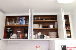Contents of cupboards including miscellaneous cups, plates, Keurig coffeemaker, Mr. Coffee coffeemak