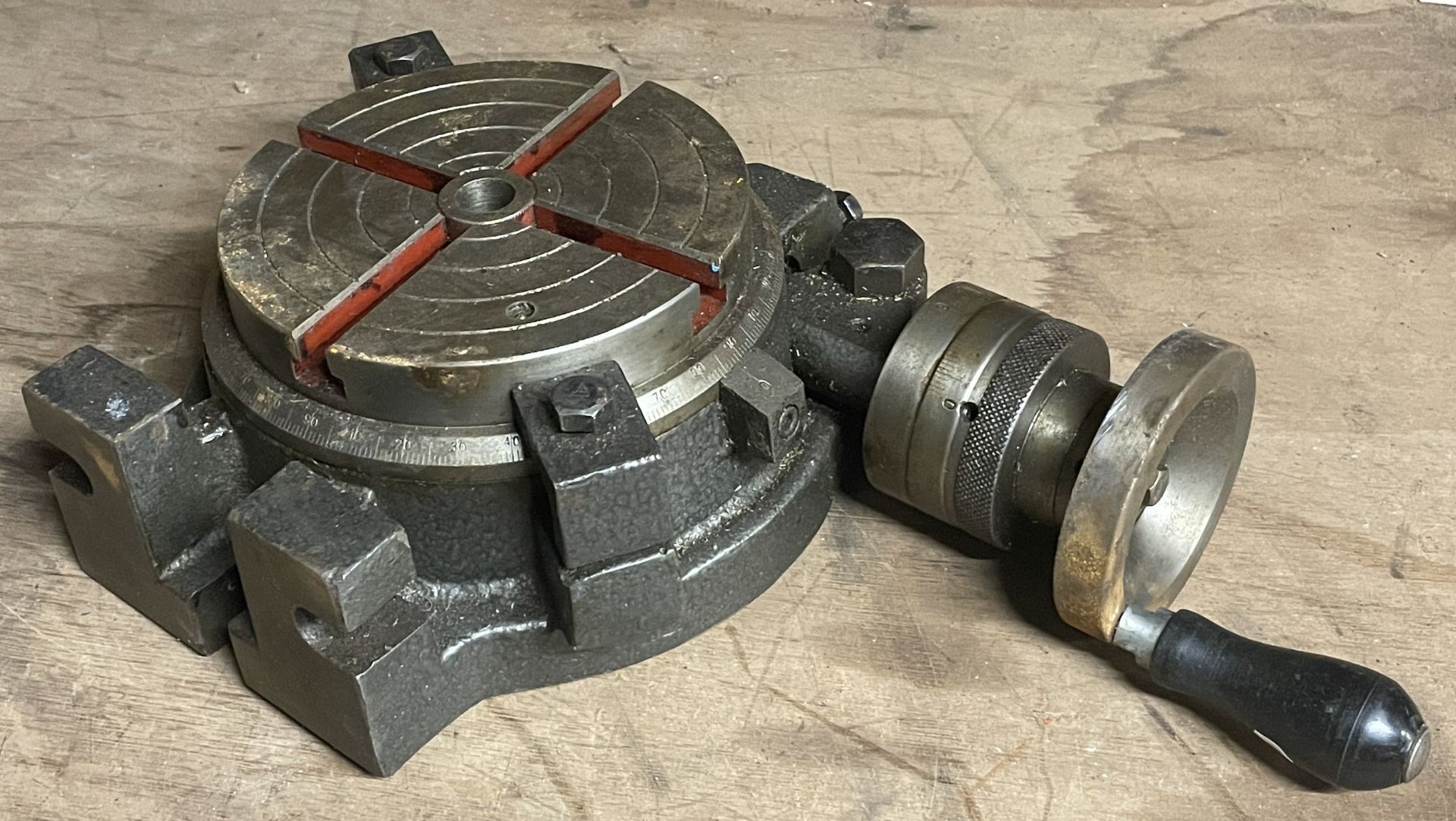 A horizontal and vertical 6" rotary lathe table.