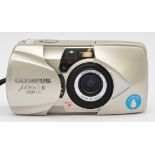 An Olympus MJU II Zoom 115 compact 35mm camera, with soft case.