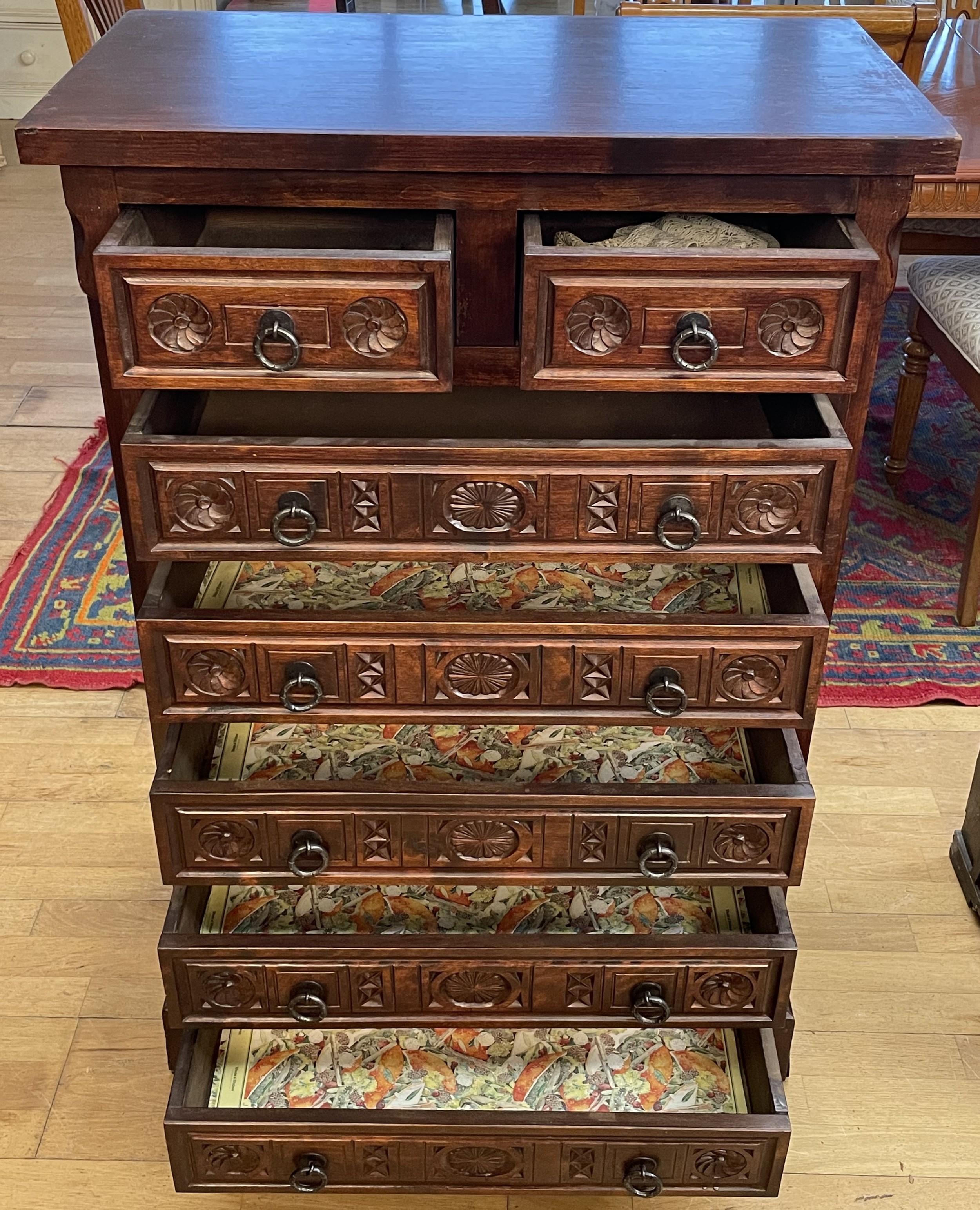 A 20th century carved oak Wellington chest of drawers, in the French ...