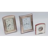 Three Italian silver desk clocks, all having quartz movement and roman numerals to the dial, the