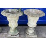 A pair of Reconstituted stone garden urns, appx 66cm tall & 46cm wide (widest point)