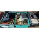 Two crates and a plastic tool box of mixed tools and hardware, items to include an Erbauer sander,