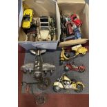 A collection of 8 metal model vehicles to include motorbikes, cars and a plane. (2 boxes)
