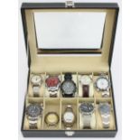 10 fashion gentleman's wristwatches to include, Oruss, Adidas, Rotary and others, all in a black
