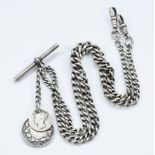 A silver watch chain necklace, date letter P but no town, circa 1910, with a fob and Queen Victorian