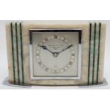 Elliott & Co., for Garrard & Co, a white marble, malachite and chrome mantel clock, 1967