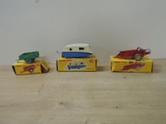 Dinky Die-casts, 190 Caravan in blue and white, 321 Massey Harris Manure Spreader, 341 Land Rover