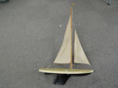 Hand Made Wooden Pond Yacht named Driftwood, sail present, height 105cm, length 70cm