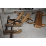 A selection of vintage wooden clamps