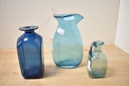 A collection of three contemporary studio blue art glass vases, to include a David Hill and Mark