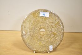 A decorative Chinese carved and pierced mottled stone Bi/Yubi type Disc, of circular form with