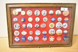 A 20th-century framed collection of American Cracker Barrel presidential campaign buttons, 40