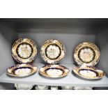 Six presumed 19th-century French Sèvres-style porcelain plates, of a deep cobalt blue, featuring a