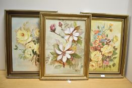 Three 20th-century framed Doreen Hartley floral oil-on-canvas paintings, to include magnolias, roses
