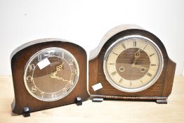 A 20th-century Smiths wooden Art Deco-style 30-hour wind-up mantle clock, converted to quartz;
