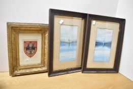 Three 20th-century framed prints, to include a coat of arms for Jesus College, Cambridge,