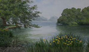 Valerie Wright (British Contemporary) Watercolour 'Ellesmere, Shropshire' a lakeside in spring