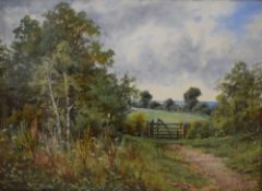 E Cote (20th Century) Oil on board, a countryside landscape with footpath and gate, signed lower
