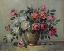 A 20th Century still life oil on canvas, depicting a vase of white and pink roses, signed