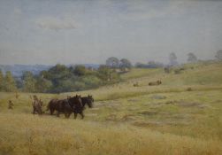 Joseph Kirkpatrick (British 1872 - 1930) Watercolour 'Harvesting at Whaltham Chase', a farmer and