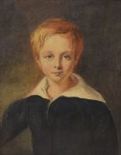 19th century watercolour portrait miniature, depicting a young boy with auburn hair dressed in