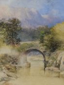 A 19th century watercolour, depicting a bridge over a stream within a mountainous landscape,