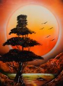 A contemporary Mallorcan landscape created with spray paint and stencils, depicting sunset over a