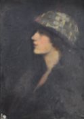 A 20th century oil on board portrait, the side profile of a woman in golden 1920s style hat,
