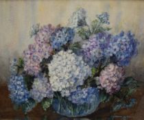 Marion Broom (British 1878-1962) watercolour, still life study, an arrangement of chrysanthemums,