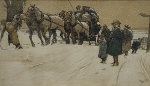 After Cecil Aldin (British 1870-1935) a pair of chromolithographs 'Christmas Coach, The Top of the