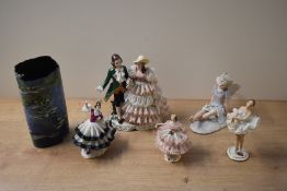 A group of five Royal Dresden lace porcelain and similar figures/figurines to include a courting