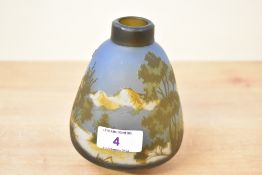 A contemporary Émile Gallé–style reproduction cameo glass vase, with acid-etched landscape