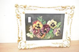 An early 20th-century framed oil painting study of pansies after Nan. C Livingston