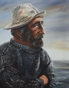 Vic (20th Century) Oil on canvas, a bearded sailor in blue knitted jumper with a gold hoop