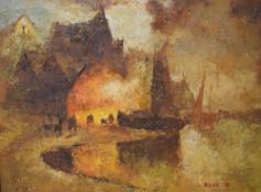 Kerr (20th Century) Impasto oil on board, river scene in warm oranges and browns, signed and