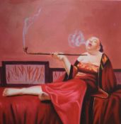 A Contemporary Chinese acrylic on canvas, depicting a woman dressed in red reclining and smoking a