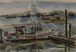 Jack Campbell (Canadian b.1930) Watercolour, depicting a docked fishing boat (possibly on Saturna