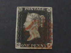 GREAT BRITAIN 1840 1d BLACK 4 MARGINS CORNER LETTERS GE, RED MALTESE X CANX Card with 4 margin black