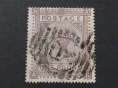 GB 1878 £1 BROWN-LILAC (MALTESE X WMK) WITH PART OBLITERATOR CANCEL Attractive £1 brown-lilac dating